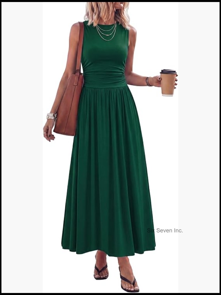 Sleeveless A-Line Flowy Maxi Dress With Pockets Crewneck
